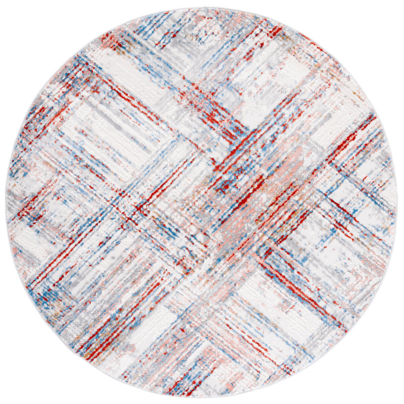 Tapis géométrique ivoire / rouille / bleu, Rond 6 pi 7 po