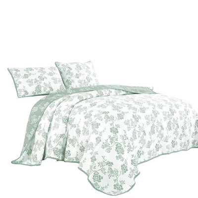 3 Piece Green White Floral Modern Cotton Blend Quilt Bedspread