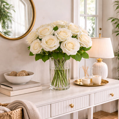 White | Artificial Silk Rose Flowers,realistic Roses Bouquet Long Stem -19“ L