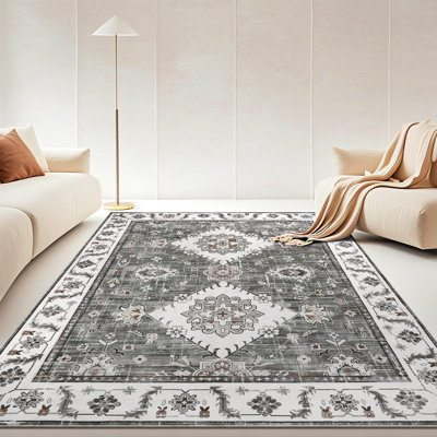 Non-Slip Machine Washable Oriental Gray/White Area Rug