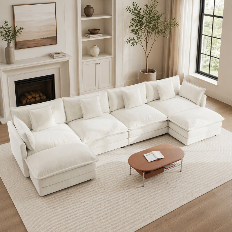 Canapé d'angle confortable en forme de U avec méridienne réversible, grand canapé d'angle modulaire en forme de U, deux poufs supplémentaires, chenille blanche