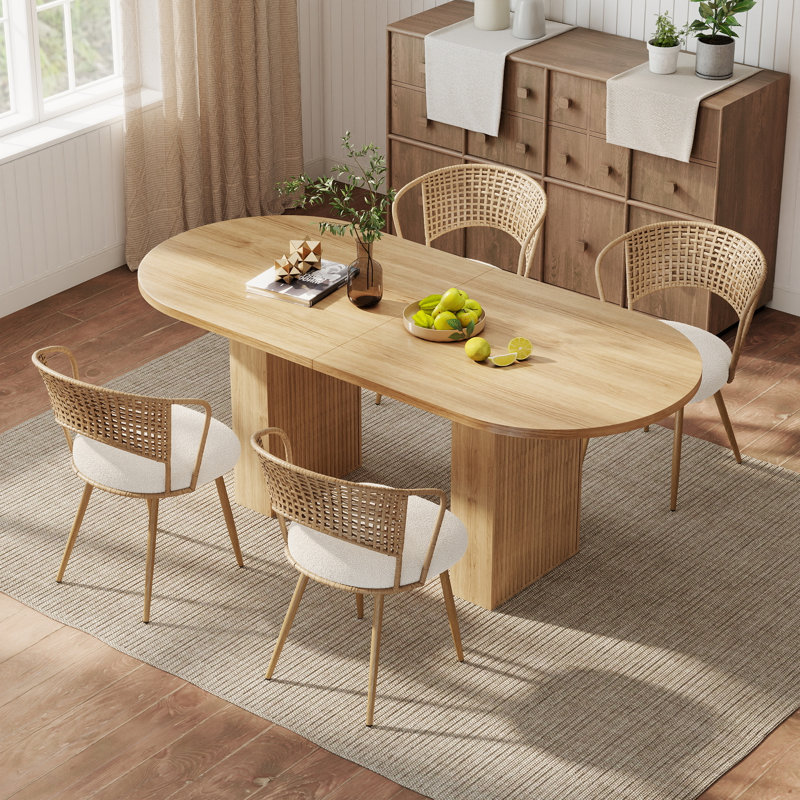 Ensemble de table et de chaises ovales avec plateau en MDF de 160 cm et de 4 à 6 chaises en osier, Jaune, Bois