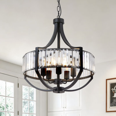 Matte Black Iron Crystal Chandelier Pendant Light, Adjustable Lamp Base & Pole, 5-Light E26 UL Farmhouse Hanging Lamp, Bulbs Excluded