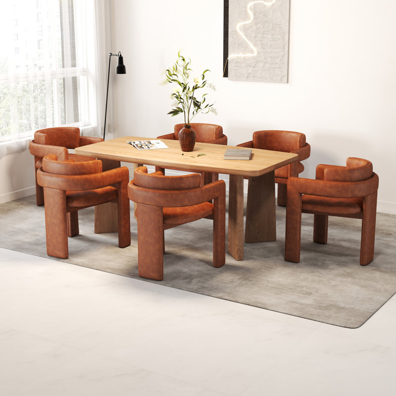 Modern Rectangular Dining Set With Upholstered Chairs With Backrest And Armrest, Brown, 7 Pieces: Table, 6 Chairs, Tan