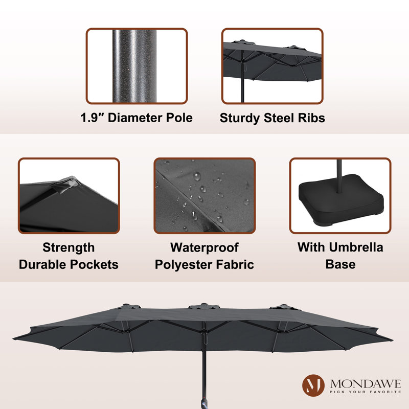 15 Ft Dark Gray Steel Market Patio Umbrella with Base