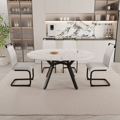 47-63" Expandable Circular Dining Table Set For 4-6 People, Equipped With 4 C-Shaped Tubular Cushioned Armless Dining Chair And An Spacious Dining Table Kitchen Table And Chair Set, With Metal Legs