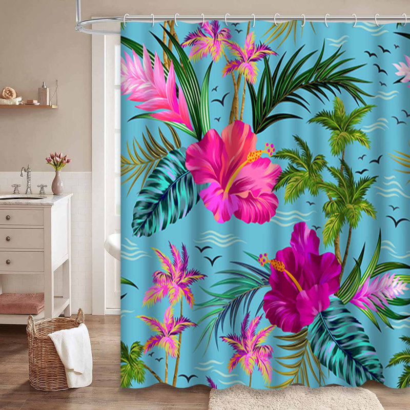 Rideau de douche imperméable à l'eau avec palmiers et hibiscus, L 72 po x l 78 po