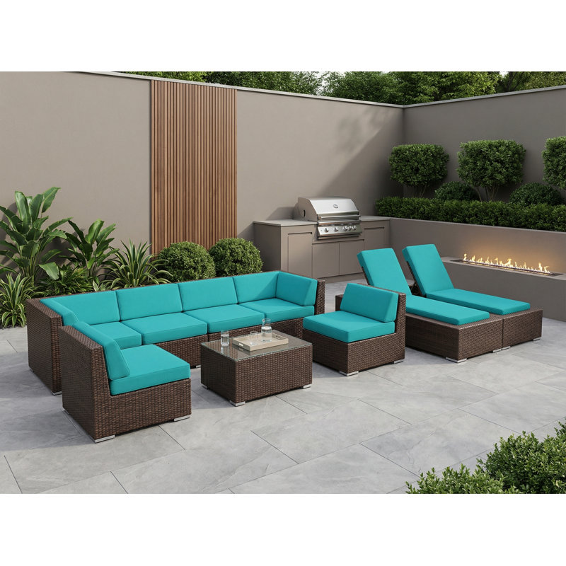 Ensemble de conversation modulaire en rotin avec coussins 9 pièces Barna - aucun assemblage requis, Brun foncé