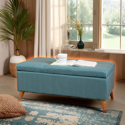Banc de rangement avec repose-pieds capitonné bleu sarcelle et pieds en bois de bouleau massif Ainsley