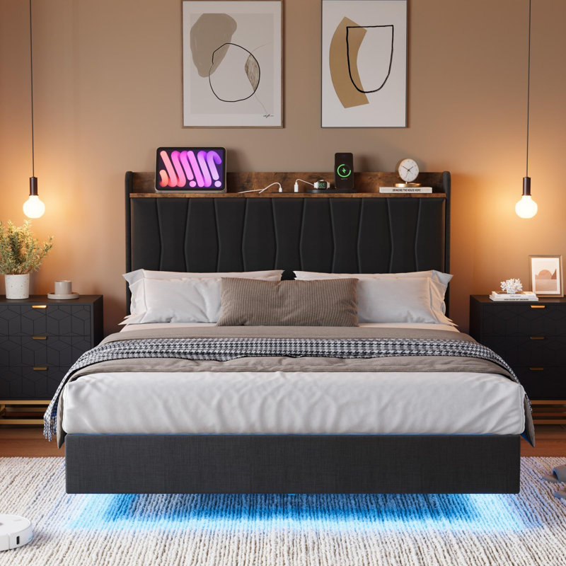 Base de lit flottante, avec lumières DEL et station de charge USB, tête de lit, Noir, Double