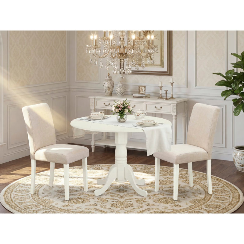 L'ensemble de table de salle à manger moderne 3 pièces comprend une table ronde en bois avec Dropleaf et 2 chaises rembourrées en tissu beige clair, 42 x 42 pouces, blanc lin