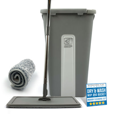 Flat Mop and Bucket Set with Built In Wringer 2 Microfibre Pads, 360 Degree Swivel Head