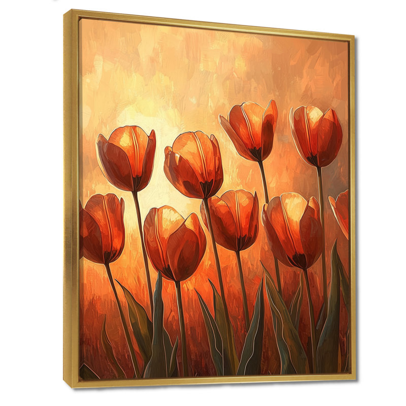 Tulipes brunes automne lueur II - Tulipes, art mural, H 32 po x l 16 po, Reproduction avec cadre flottant, Doré