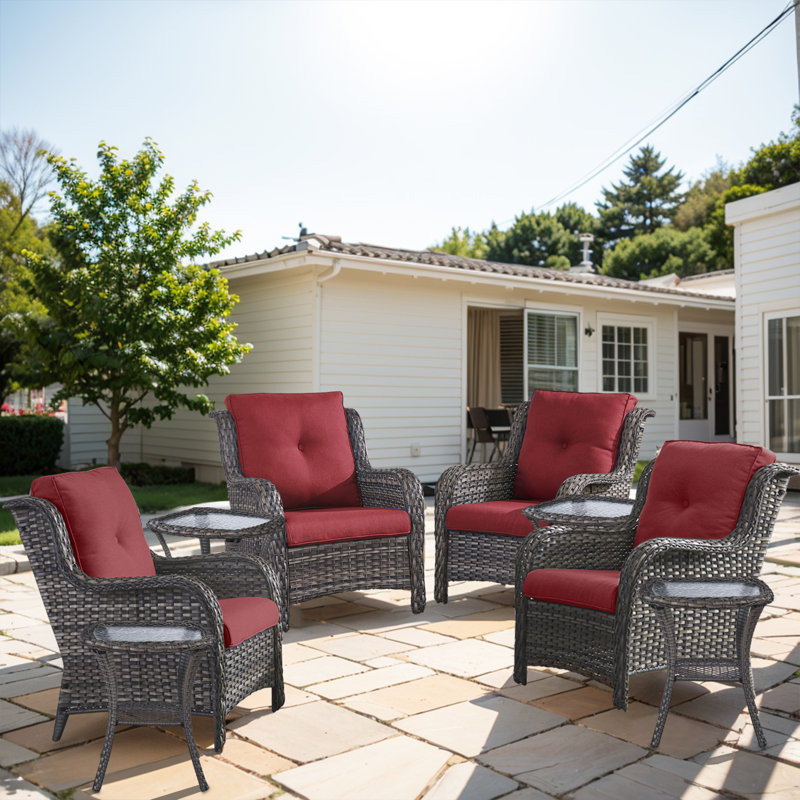 Ensemble de conversation à plusieurs chaises en rotin 8 pièces avec coussins et table d'appoint Schutt, Gris, Rouge