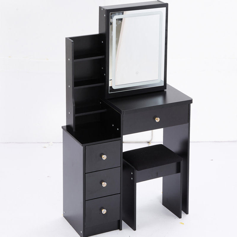 Compact Left Bedside Table Vanity With Padded Stool & Touch Led Mirror, Adjustable Brightness And Three Color Options, Black , American Cabinet Comfortable Touchable Sliding , Style