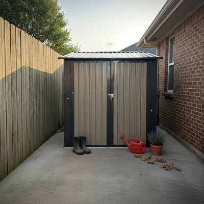 6x9 FT Outdoor Metal Storage Shed with Window & Flower Rack, Lockable Double Doors Tool Shed, Waterproof Weatherproof Garden Shed for Backyard Patio Brown Black