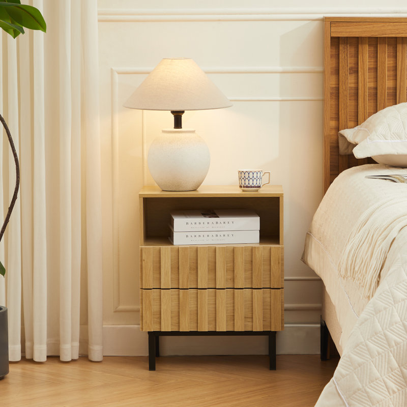 Wooden Stripe 2 Drawer Nightstand, Ivory