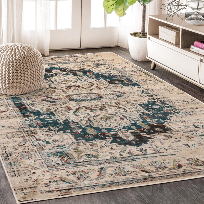 Diantha Medallion Polypropylene Indoor Area Rug, Rectangle 4' x 6', Teal