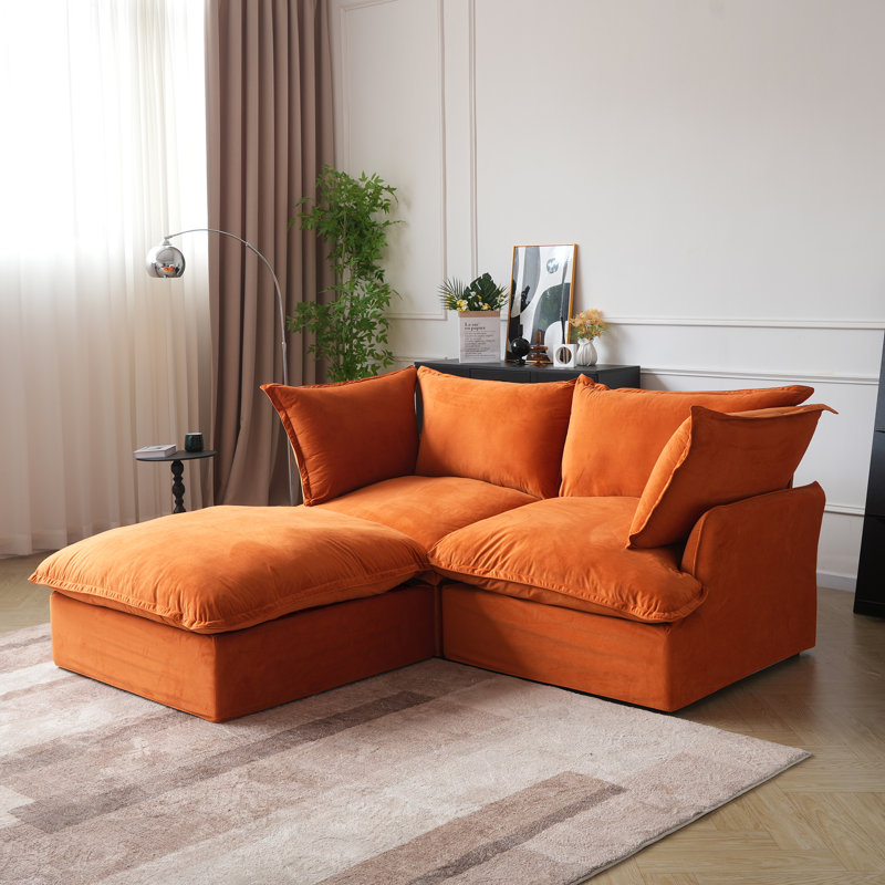 Fairford 3-Piece Upholstered Modern Corduroy Fabric Loveseat Sofa With Ottoman, Orange