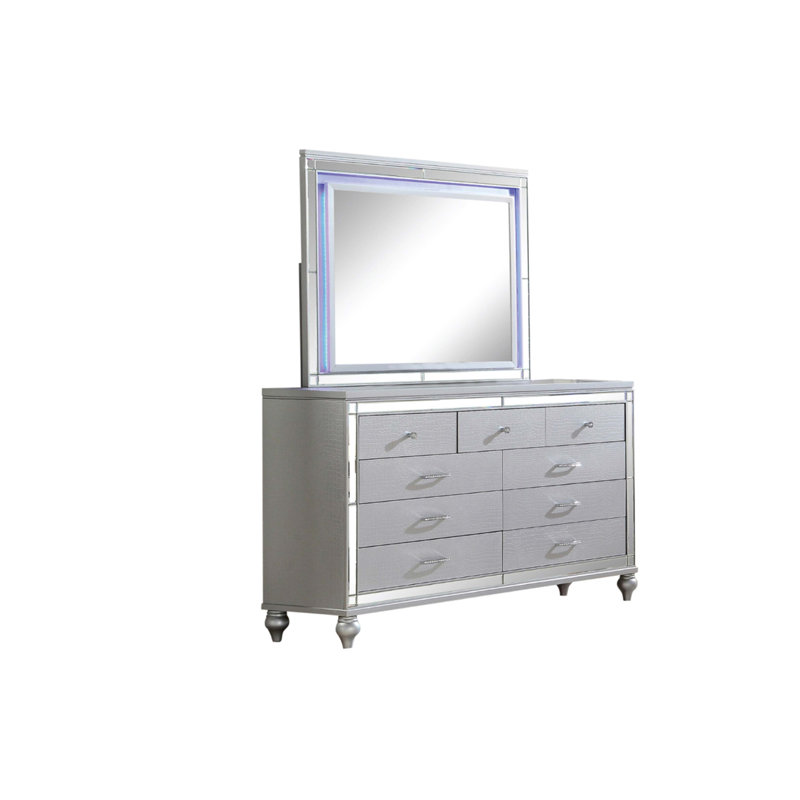 Ensemble de chambre à coucher tapissier Limann, Grand lit, Beige, 4 pièces: lit, table de chevet, commode, miroir