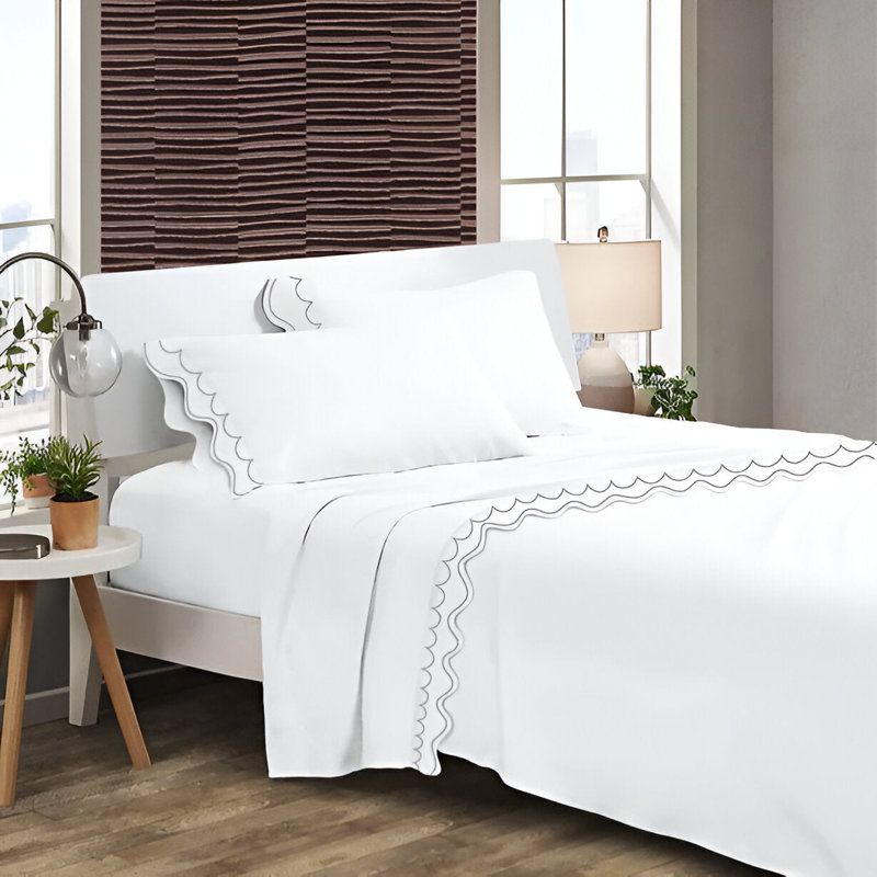 400TC Cotton Sateen Double Scallop Embroidery 4 Piece Sheet Set Fitted Sheet Fits Upto 16" Deep Pocket, Dark Gray Border