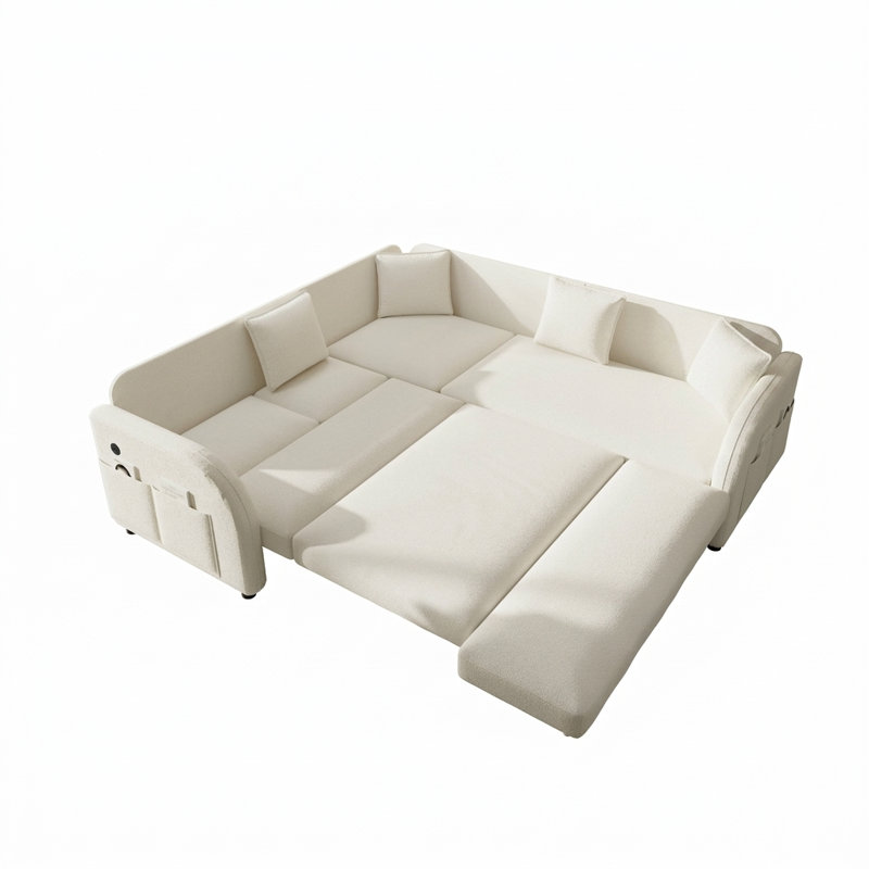 Canapé convertible en L 85,1 po avec lit escamotable, poche latérale et port USB, Beige et blanc