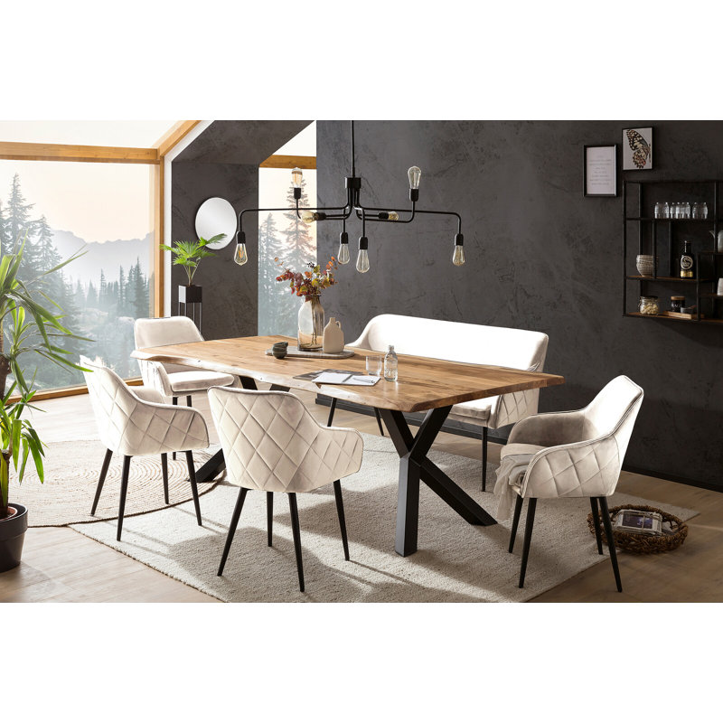 6 - Person Dining Set, Natural/Cream/Black, Black/Natural/Cream, 75cm H x 240cm W x 110cm D