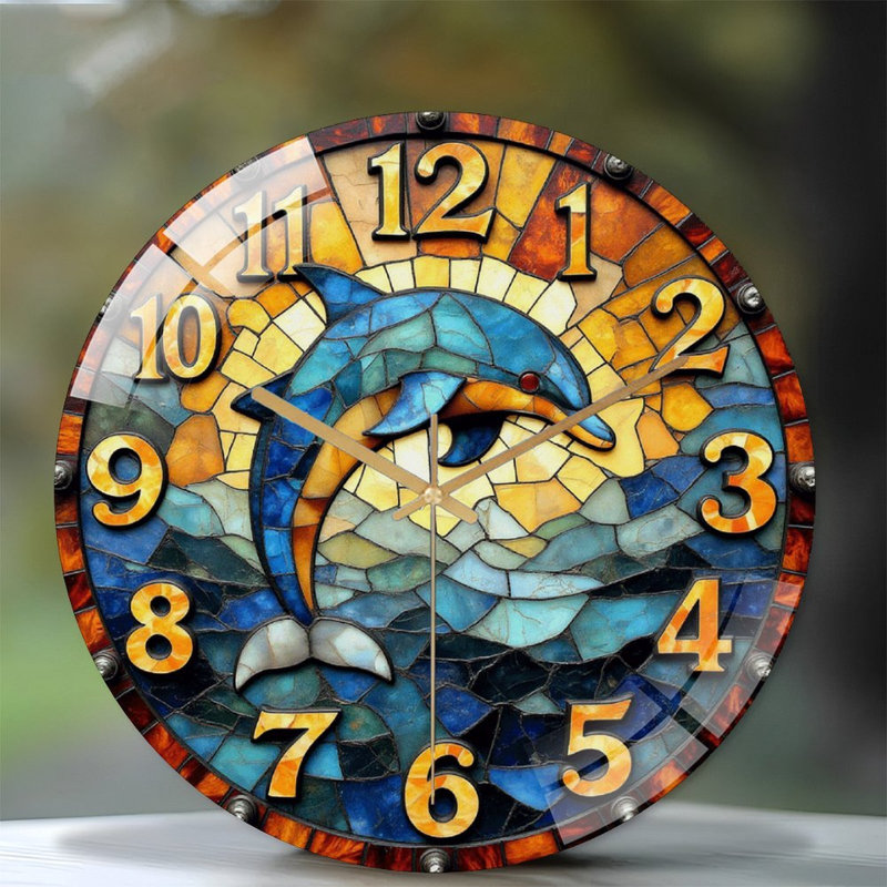 Horloge murale dauphin vitrail - 12 po