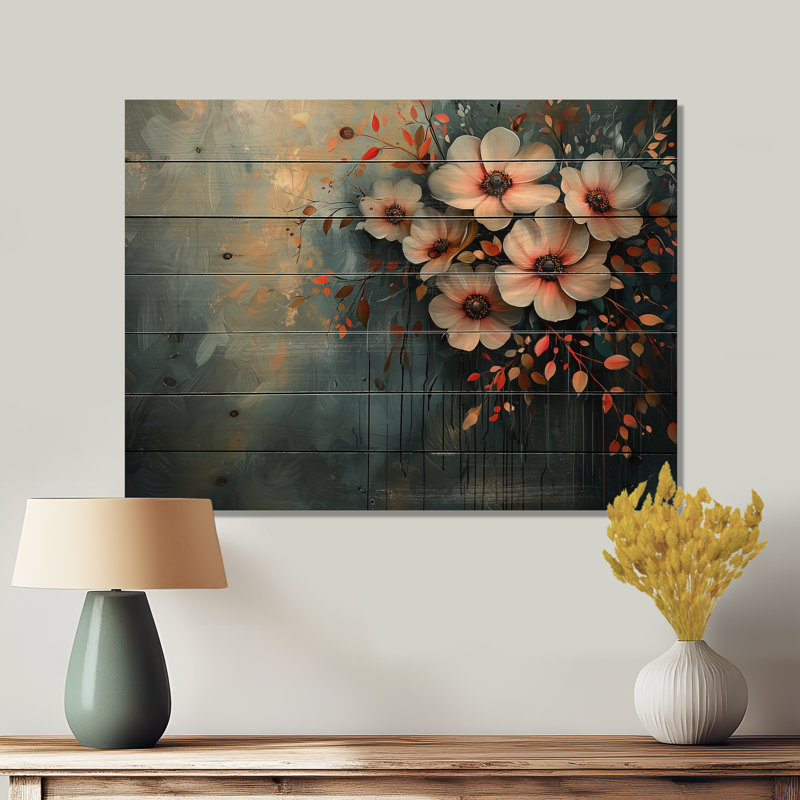 Garden Dahlia Effect At Night II - Dahlia Wood Wall Decor - On Natural Pine Wood, 10" H x 20" W x 0.78" D