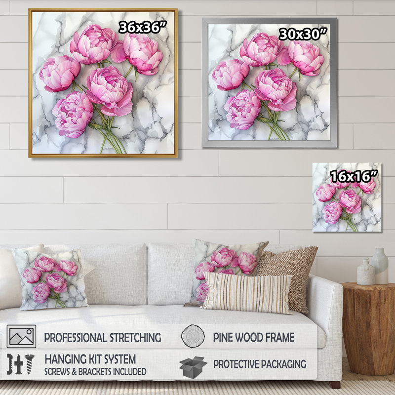 Pivoines roses sur comptoir en marbre / - pivoines, art mural, Impression encadrée flottante, Noir, noir, noir, noir