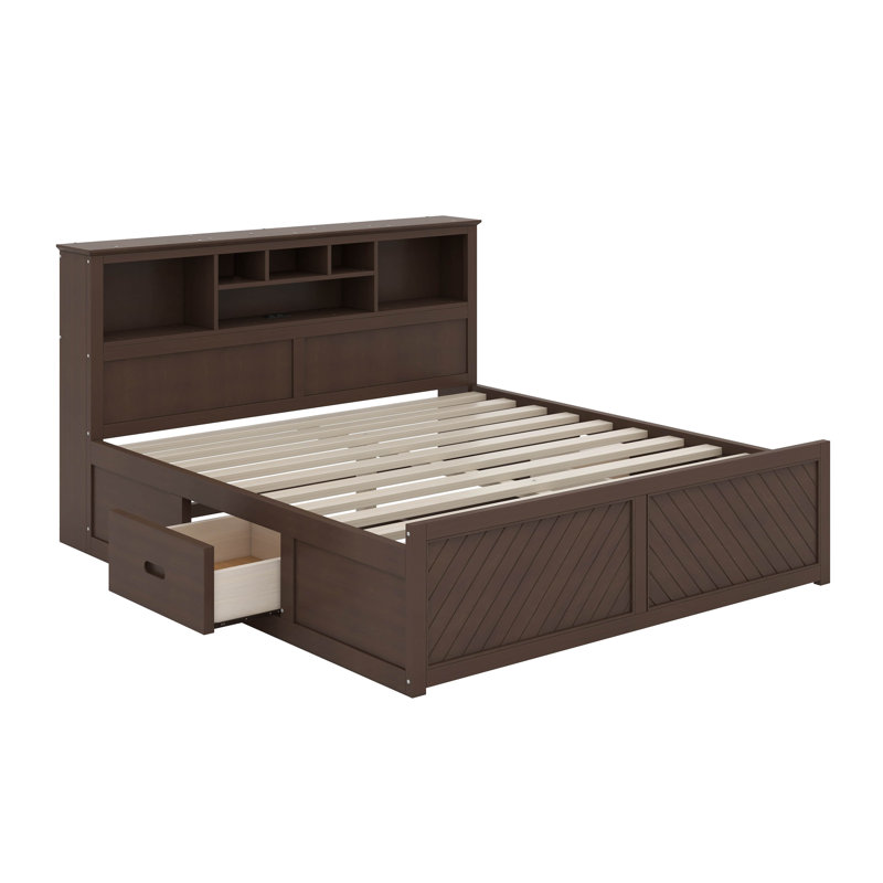 Très grand lit en bois avec tête de lit à rangement multiple, port USB et tiroirs, Bois antique