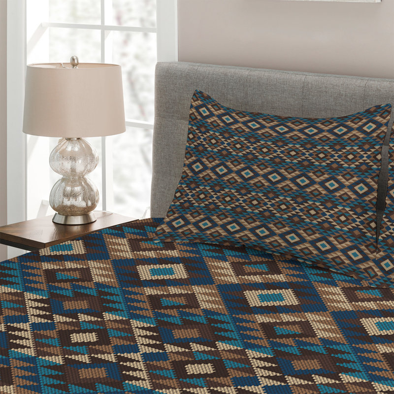 Ethnic Rustic Polyester Geometric Shapes Coverlet, King Bedspread + 2 Shams