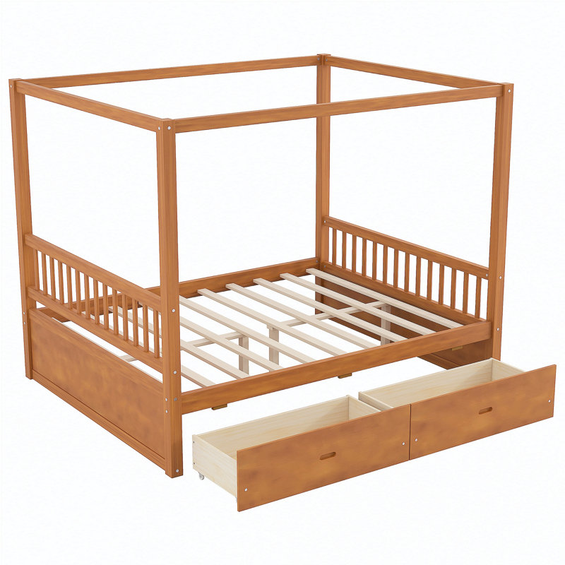 Lit à baldaquin en bois avec tiroirs de rangement, grand, noyer, Queen, Walnut