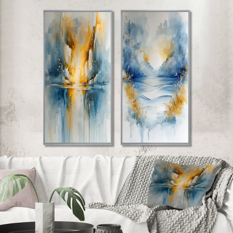 Parallel Coastal Divide Horizon Landscape I - Collection d'art mural abstrait 2 pièces, Encadrement argenté