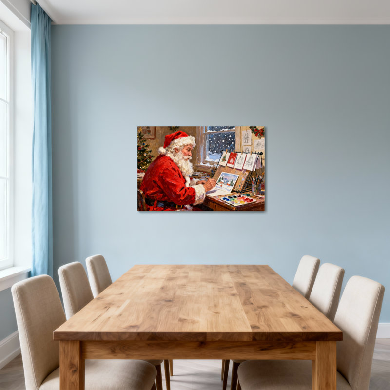 Père Noël de Noël peignant une scène de Noël dans un atelier, H 20 po x l 30 po