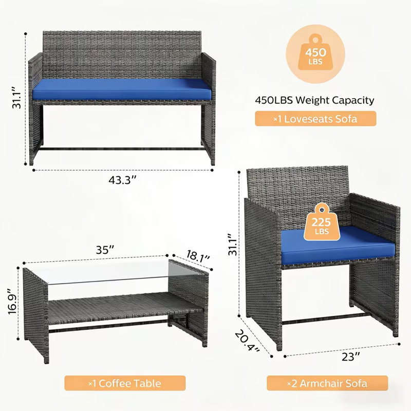 4-Piece Outdoor Wicker Patio Furniture Set, Rattan Conversation Set With Glass Coffee Table & Cushions, Gray, Blue