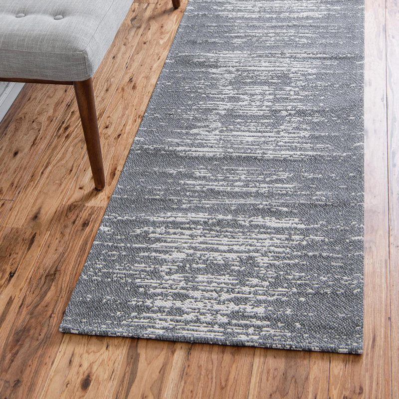 Tapis abstrait gris / ivoire en coton, Tapis de couloir 2 pi x 7 pi 10 po