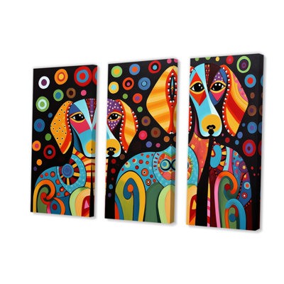 Art animalier sur toile, portrait de teckel décor géométrique - Portrait de deux teckels rétro géométrique