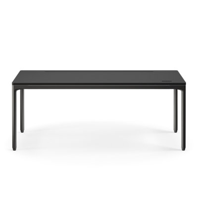 eFloat Quattro, 23 in. D x 58 in. W Sit-Stand Desk with Carbon Black Base, Carbon Black Painted Wood Top, and Black Salzburg Leather Cable Manager