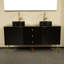Meuble-lavabo de 60 po avec lavabo autoportant en contreplaqué avec 4 pieds dorés, 3 tiroirs et 2 portes, 2 vasques en céramique à motif de pierres et plateau en pierre frittée, pré-assemblé