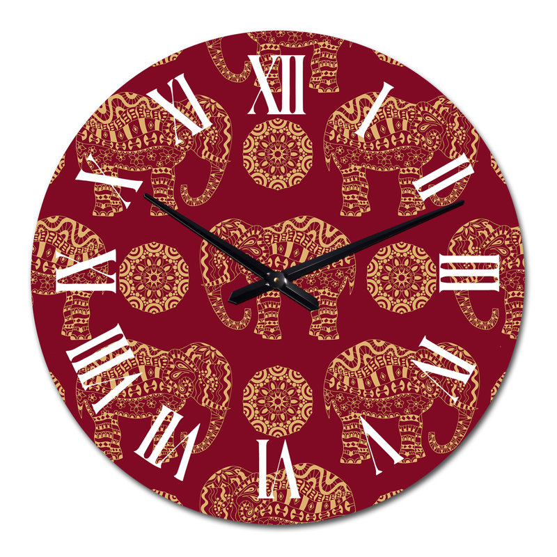 Horloge murale à motif éléphant indien et mandala sur fond rouge, Grand