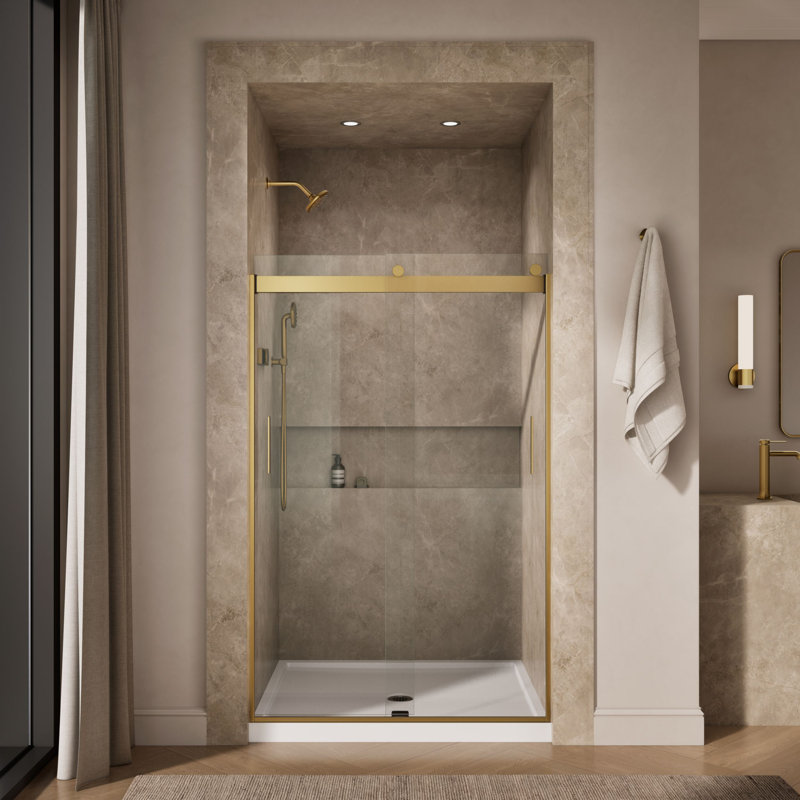 Levity 47.58" x 74" Bypass Shower Door with CleanCoat Technology, Moderne Brass, Crystal Clear