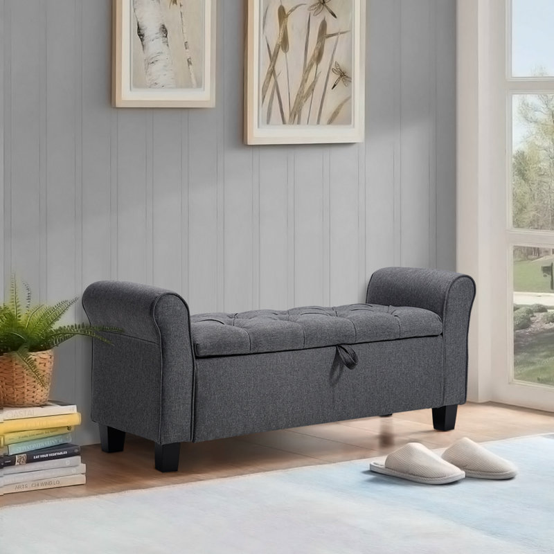 Elysian Linen Splayed Upholstered Armrest Storage Ottoman Bench Chaise, Dark Grey