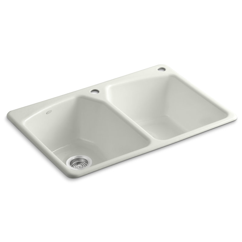 Tanager 33" x 22" x 9-5/8" Top-Mount Double-Equal Bowl Kitchen Sink with Two Holes: 1 Faucet Hole, Mexican Sand, Right Hand