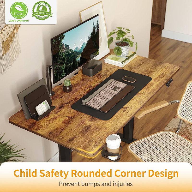 Itsuo Adjustable Metal Base Standing Desk, Rustic Brown/Black, 55" W x 23.60" D