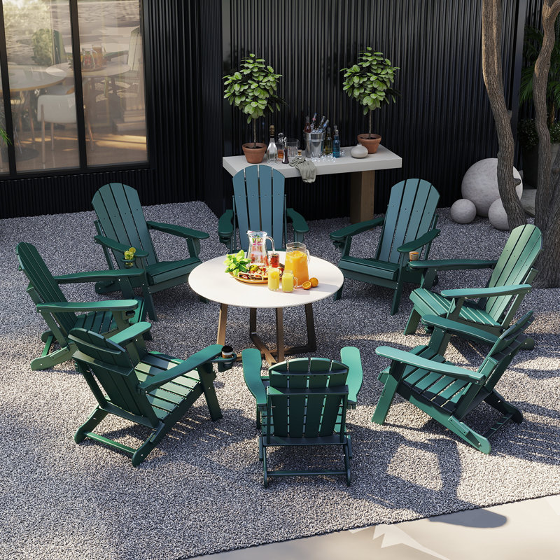 Set Of 8 Foldable Outdoor Adirondack Chair With Cup Holder, Green
