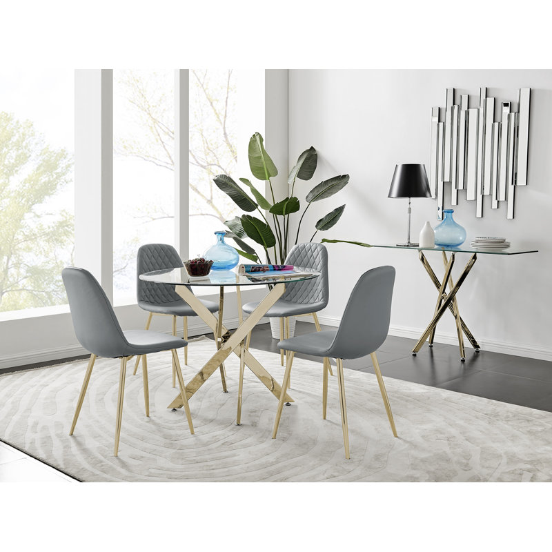 Tierra Chrome Metal and Glass Round Dining Table Set with 4 Faux Leather Upholstered Dining Chairs, Elephant Gray