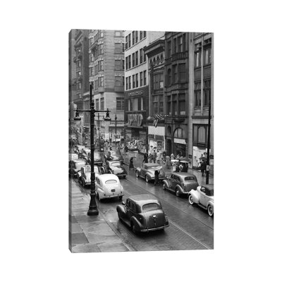 1940s Rainy Day on Chestnut Street Philadelphia Pa Cars Pedestrians Storefronts 1 Piece Wrapped Canvas Wall Art