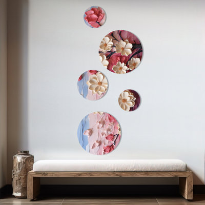Arbre d'orchidées roses et blanches III - ensemble d'art mural abstrait floral rond de 5