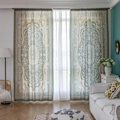  Sage Green Medallion Curtains 84 Inches Long, Boho Farmhouse Light Filtering Rod Pocket Drapes with Tassel Trim for Bedroom Living Room, 2 Panels
